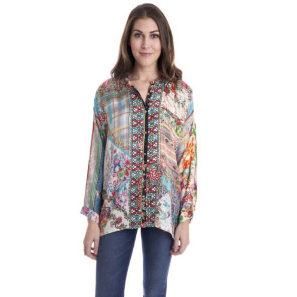 Johnny Was Resort Boxy Button Front 100% Silk Top